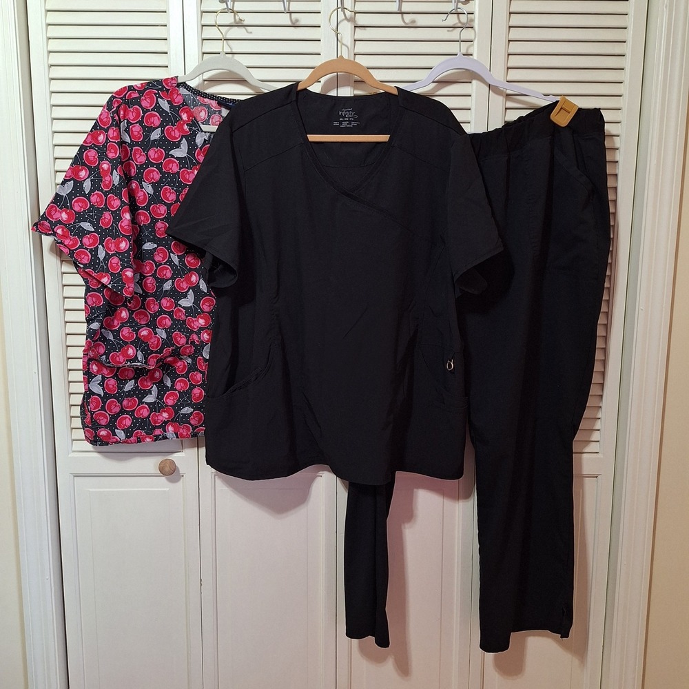 Cherokee Infinity Black Scrub Set & Tafford Cherry Print Top Women 4XL 3pc Lot